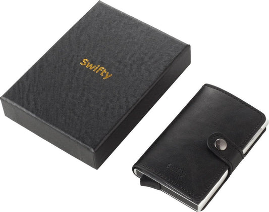 Swifty Luxe Uitschuifbare Pasjeshouder Portemonnee van Aluminium & Leer - Creditcardhouder / Kaarthouder voor mannen en vrouwen - RFID Card Protector / Anti-Skim tot 13 Pasjes - Zwart